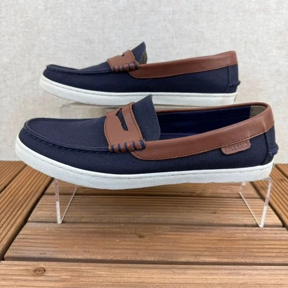 Cole Haan Mens 8.5 Nantucket Penny Loafer Blue Canvas Brown Leather - Picture 3 of 7